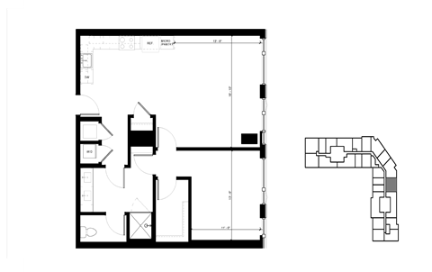 Floor plan for 1 bed, 1 bath, 823 sqft